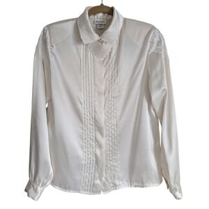 Vintage 80s Romantic Silky Embroidered Button Up Lace Collar Blouse